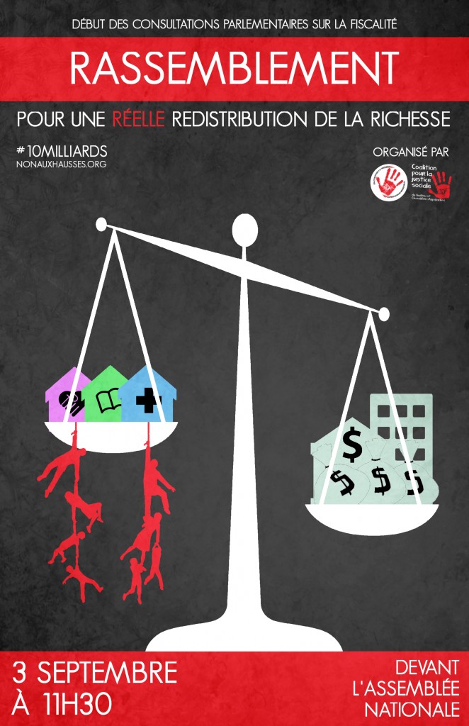 Affiche : dessin d'une balance : d'un côté de l'argent et des immeubles, de l'autre des petites maisons colorées, mais des gens se sauvent avec une corde. Logo : empreinte rouge d'une main.